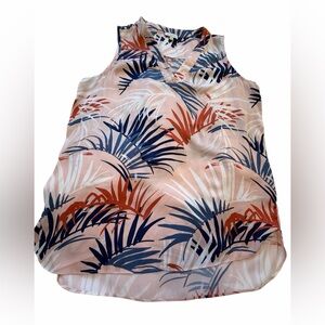 Laura Palm Leaf Sleeveless Pullover V Neck Top - Navy/Rust-Size 12